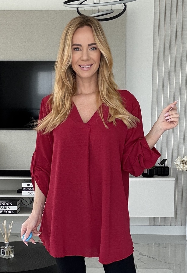 Angie blúz bordó – V-kivágású hosszított blúz – Innova Fashion